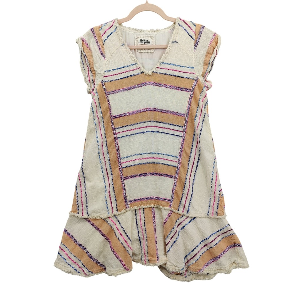 Holding Horses Women Boho Southwestern Striped Mini Dress XS Cream Frayed Hem